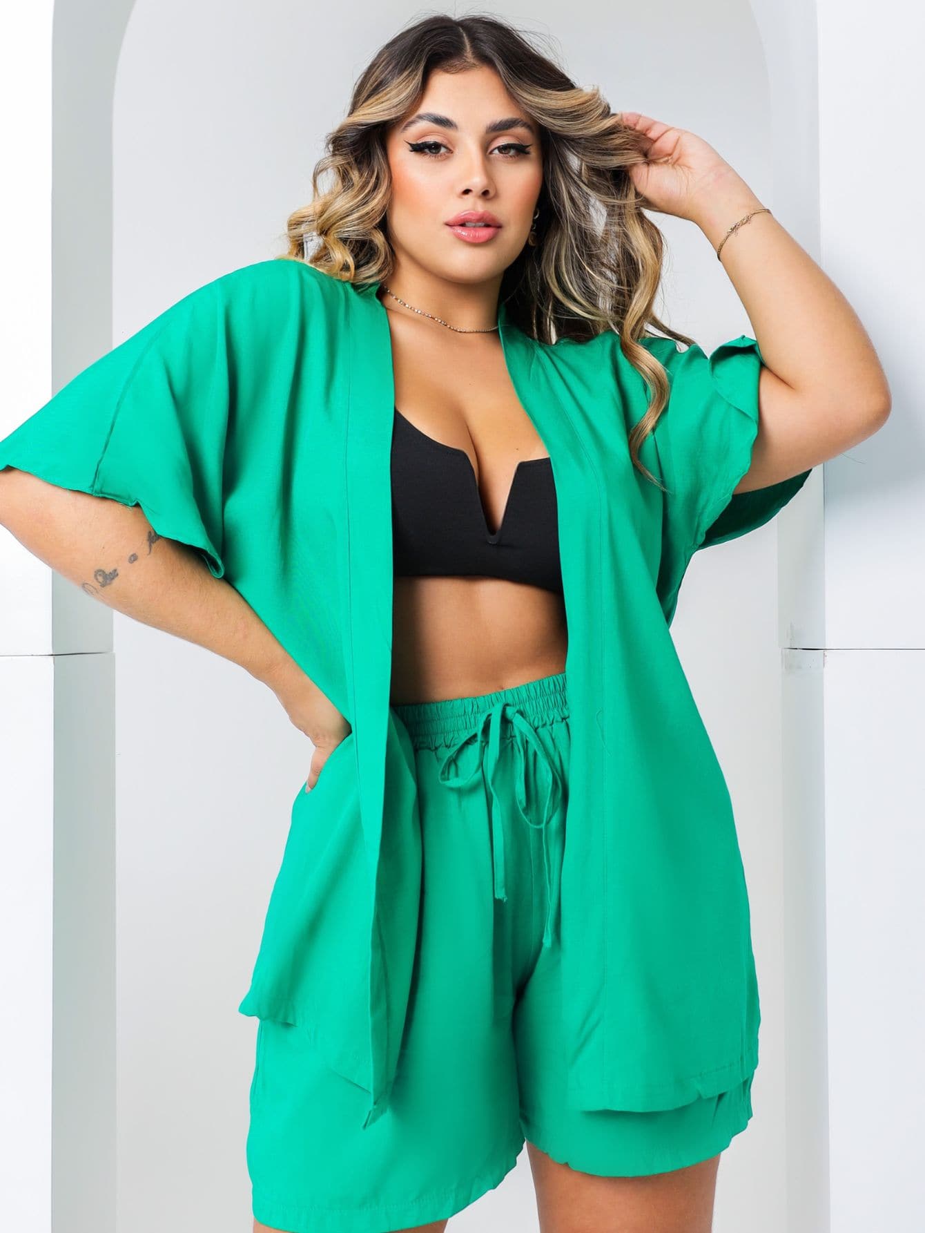 Conjunto Kimono Plus Size Moda Verão Laranja e Verde, kimono preto, Conjuntos kimono feminino, conjunto kimono feminino, kimono feminino, quimonos femininos, Conjunto feminino verão, Conjuntos femininos lisos, Kimonos lisos, Kimono cor lisa,