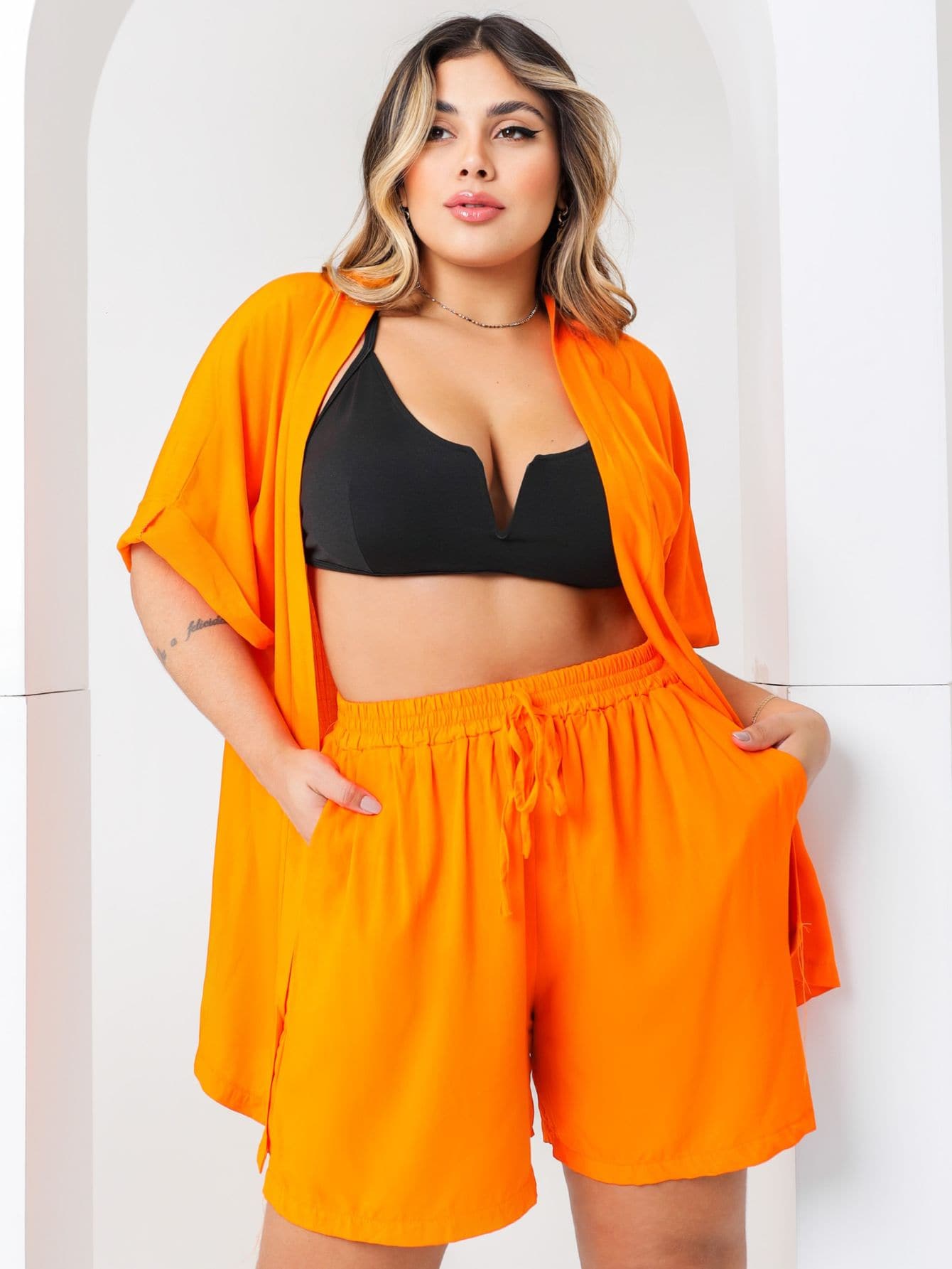 Conjunto Kimono Plus Size Moda Verão Laranja e Verde, kimono preto, Conjuntos kimono feminino, conjunto kimono feminino, kimono feminino, quimonos femininos, Conjunto feminino verão, Conjuntos femininos lisos, Kimonos lisos, Kimono cor lisa,