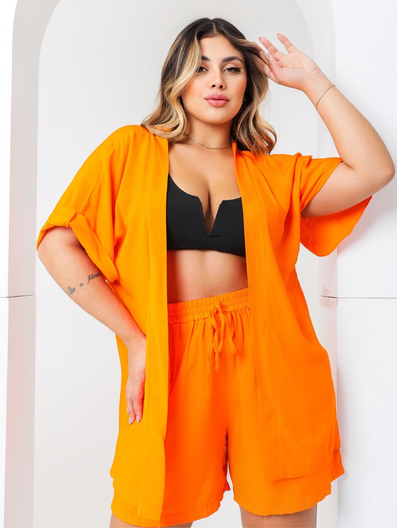 Conjunto Kimono Plus Size Moda Verão Laranja e Verde, kimono preto, Conjuntos kimono feminino, conjunto kimono feminino, kimono feminino, quimonos femininos, Conjunto feminino verão, Conjuntos femininos lisos, Kimonos lisos, Kimono cor lisa,