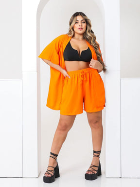 Conjunto Kimono Plus Size Moda Verão Laranja e Verde, kimono preto, Conjuntos kimono feminino, conjunto kimono feminino, kimono feminino, quimonos femininos, Conjunto feminino verão, Conjuntos femininos lisos, Kimonos lisos, Kimono cor lisa,