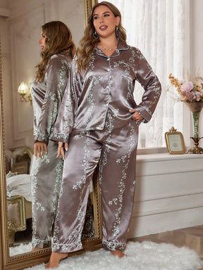 Pijama Cetim Plus Size Luxo Floral Champagne, Pijama Cetim Plus Size Luxo Flores Calça Longa, pijamas plus size, pijama feminino, pijamas feminino, pijamas plus size, pijama feminino plus size, pijama longo plus, pijamas femininos inverno plus size,