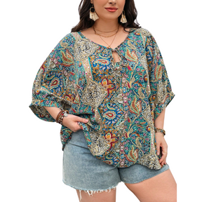 Camisa Plus Size Estilo Paisley Manga Morcego, camisas manga longa feminina, camisa de manga longa feminina,	 camisa feminina manga longa, camisa feminina manga longa branca,	 blusas manga longa plus size, blusas plus size manga longa, camisa manga longa feminina,