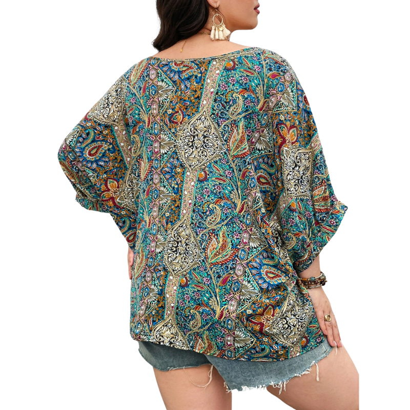 Camisa Plus Size Estilo Paisley Manga Morcego, camisas manga longa feminina, camisa de manga longa feminina,	 camisa feminina manga longa, camisa feminina manga longa branca,	 blusas manga longa plus size, blusas plus size manga longa, camisa manga longa feminina,