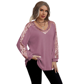 Blusa Feminina Decote V Manga Comprida Lantejoula