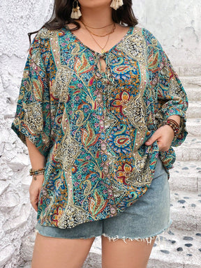 Camisa Plus Size Estilo Paisley Manga Morcego, camisas manga longa feminina, camisa de manga longa feminina,	 camisa feminina manga longa, camisa feminina manga longa branca,	 blusas manga longa plus size, blusas plus size manga longa, camisa manga longa feminina,